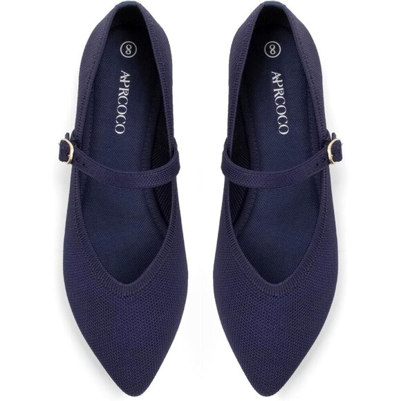 Shoes - Women's Blue Knit Pointed Toe Ballet Flat with Ankle Strap Casual Comfort Shoes